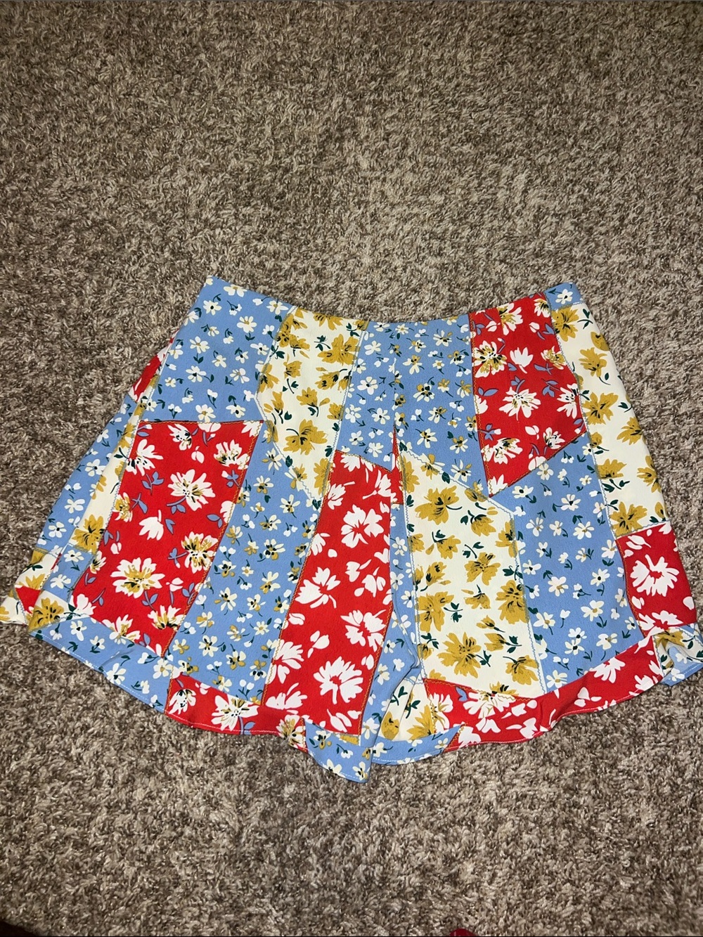 Love & Harmony Patchwork Ruffle Shorts with Feminine Hem! Red, Blue & Yellow - Picture 5 of 14